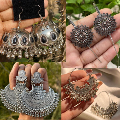 ISLANA combo of 4 Oxidised silver jhumki jhumka Earrings for women and girls Alloy Jhumki Earring