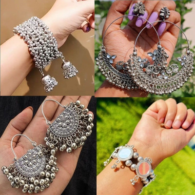 ISLANA Oxidised Openable Bracelet and Bangles and Earrings Combo for Women & Girls Alloy Chandbali Earring