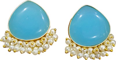 Mrigangi Pearl Drop Blue Stone Golden Plated Wedding Earring for Women and Girls Alloy Stud Earring