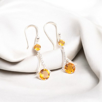 TheJewelrsh SUNSET YELLOW STONE & CUBIC ZIRCONIA CHIC SILVER DROP EARRINGS Citrine Brass Drops & Danglers