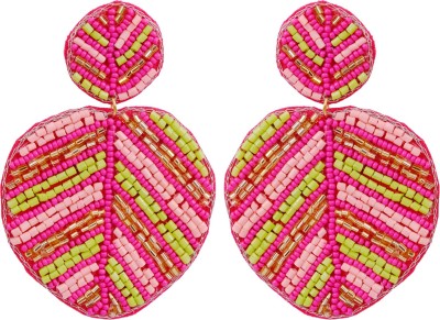 CRUNCHY FASHION Crunchy Fashion Boho Beaded Leaf Shape Pink Handcrafted Drop Earrings Alloy Earring Set