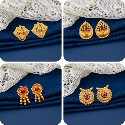 LaChoiceIt Pack of 4 Pair Traditional Gold Pleted Earring Collection Brass Earring Set