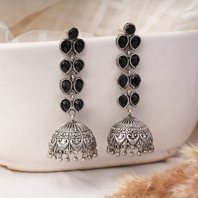 Sanseeta Raatrani- Silver Brass Stone Studded Dangler Earrings Zircon Brass Jhumki Earring