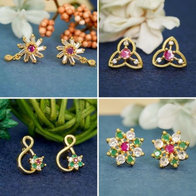 RAMDEV ART FASHION JEWELLERY Dazzling Finish Combo of 4 with 22K Gold-Plated Studs Diamond Brass Earring Set