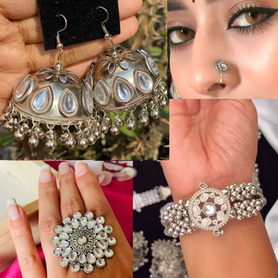 Ashir Combo of 3 Jhumki Earrings Nosepin,Ring and Cuff Bracelet for Women Girls Alloy Drops & Danglers