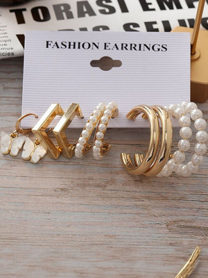 Dressberry Gold Plated Butterfly & Pearl Dcor Charm Small Hoops Earrings Set For Women Pearl Alloy Hoop Earring