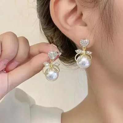 Vembley Western Korean Bow Heart Pearl Crystal Earrings for women girls fancy Pearl, Cubic Zirconia, Crystal, Diamond Alloy Stud Earring, Earring Set, Clip-on Earring, Drops & Danglers