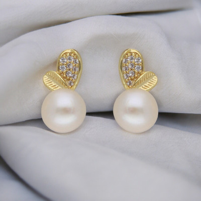 Sri Jagdamba Pearls Adornment Pearl Earrings Cubic Zirconia Mother of Pearl Stud Earring