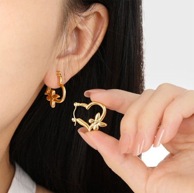 Lukaya Fashion Heart With Butterfly Anti-Tarnish Earrings Stainless Steel Hoop Earring