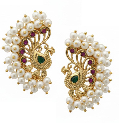 SKYGROW Trendy Pearl Maharashtrian Gold Plated Peacock Design Earrings For Women | Pearl Brass Huggie Earring