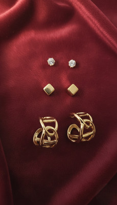 Nahmiz Trends Set of 3 Pair Gold Plated Earrings Alloy, Brass Hoop Earring, Stud Earring, Earring Set