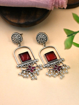 Zoey Maroon Silver Plated Oxidised Dangler Earings Beads Alloy Drops & Danglers, Earring Set