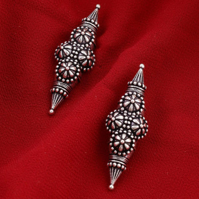 Voylla Nayantara Flower Motifs Embossed Oxidised Silver Brass Stud Earring