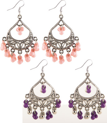 Creative Frogs Set of 2 Oxidized ,Chandbali Earrings with Light Pink & Purple Silver Bead Alloy Jhumki Earring