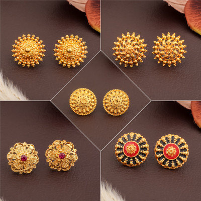 Gigev Traditional Gold Plated Stud Earrings Set for Women (Pack of 5 Pairs) Cubic Zirconia Brass, Alloy Stud Earring