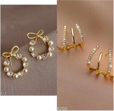 RISHASTYLE Gold plated with AD stone and pearl earrings Zircon Alloy Stud Earring