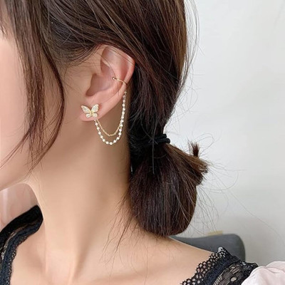 Vembley Gold-Plated Fashionable Korean Butterfly Pearl Mismatch Earrings (2pcs) Pearl Alloy Cuff Earring
