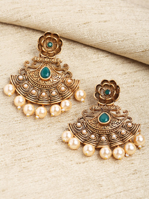 Karatcart Gold Plated Green Stone and Pearl Studded Dangler Earrings for Women Alloy Drops & Danglers