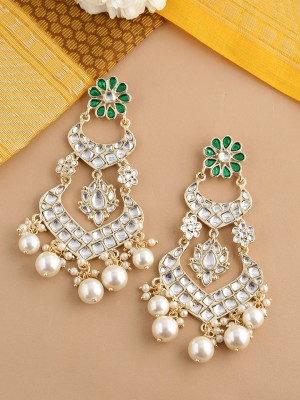 Shoshaa Gold tone handcrafted green kundan drop earrings with pearls Brass Drops & Danglers