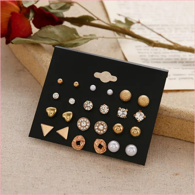 JDENTERPRISES Combo of 12 Pair Golden Heart Triangle Round Pearl Stud Earrings For Women/Girls Cubic Zirconia Alloy Stud Earring
