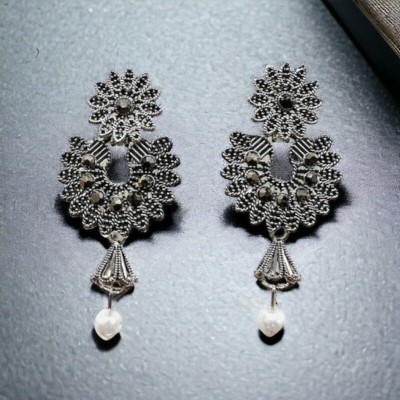 Blingate Oxidised Silver Floral Earrings for Women and Girls Jhumka Ear rings Alloy Drops & Danglers
