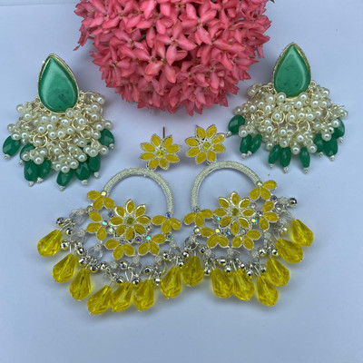 StyleStation Oxidized Stone Earring For Girl's And Women Combo(Color-Yellow and Green) Alloy Earring Set