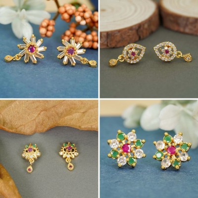 Dency Combo of 4 22K Gold Plated Earring Studs Glossy and Elegant Crystal, Diamond Brass Stud Earring