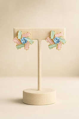SamBha Creation Pink and Mint Petal Flower Earrings with Blue Gem Centre Brass Earring Set