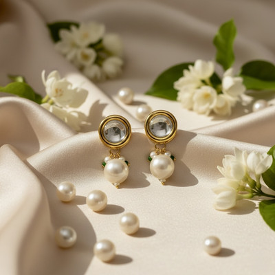 SHI Jewellery Kundan Gold Plated Round Shape Pearl Drop Stud Earrings for Girls and Women Mother of Pearl Alloy, Brass Plug Earring, Stud Earring