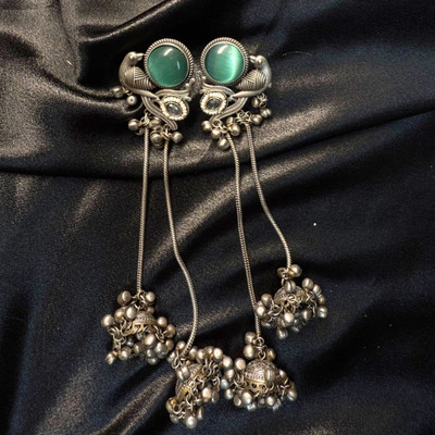 Banarashe Designer Kashmiri in Oxidised Silver with Sea Green Stone Alloy Jhumki Earring