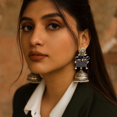 Digital Dress Room Jhumka Earring Flower Design With Pearl/Light Blue Stone Oxidized Silver Earring Alloy Jhumki Earring