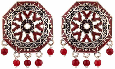 Voylla Rangabati Maroon Beads Enamel Disc Oxidised Silver Pearl Brass Stud Earring