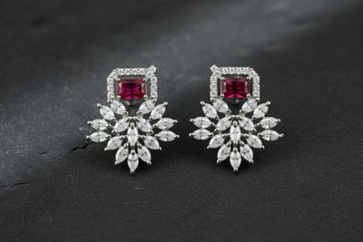 Zevoria Pink Stone & Crystal Floral Earrings for Women | Stylish Anti-Tarnish Cubic Zirconia Stainless Steel Earring Set