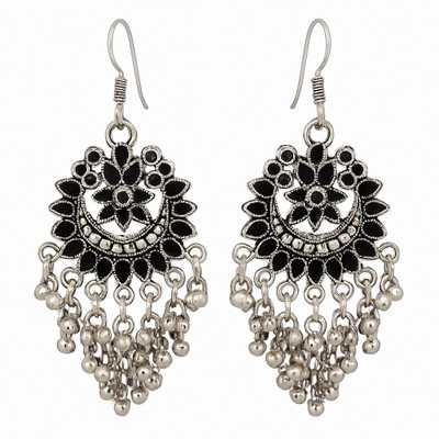 Zupito Oxidised Silver Black Floral Chandbali Dangler Earrings with Jhumka Beads. Alloy Jhumki Earring