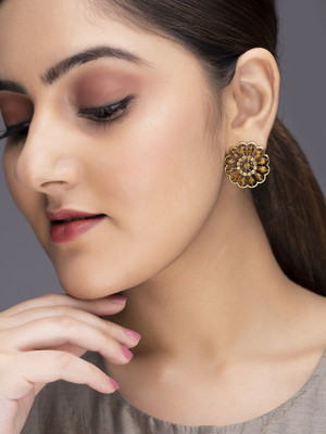 RUBANS Rubans Stud Earrings With Floral Design And Studded Brown Stones Alloy Stud Earring