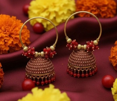 pas Unique red golden Stone Jhumka Earrings for girls & women for party wear Cubic Zirconia, Beads Alloy Rhinestone Studs, Hoop Earring, Earring Set