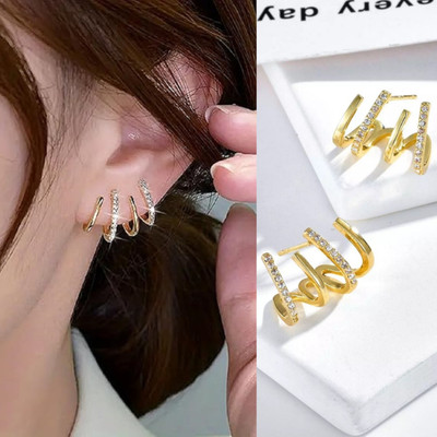 Zaphariq Korean Golden Cubic Zirconia 4 Earring Effect Claw Earring For Women/Girls Cubic Zirconia Alloy Stud Earring