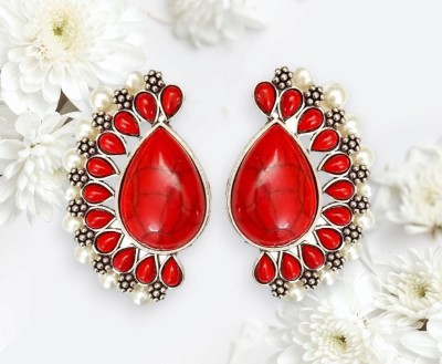 Muccasacra Partywear Fine Cut RED Stone Studded Moonstone, Pearl Alloy, German Silver, Stone Stud Earring