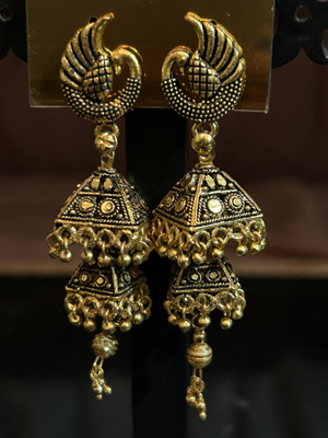 Shora Golden Oxidised Pyramid Jhumki Earrings Alloy Drops & Danglers, Jhumki Earring, Earring Set