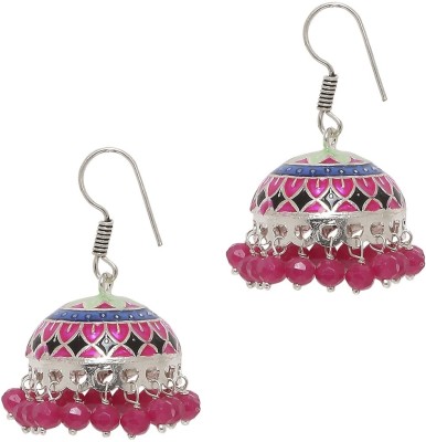 fabula Oxidised Silver Tone Rani Pink Meenakari Ethnic Beads, Crystal Alloy Jhumki Earring