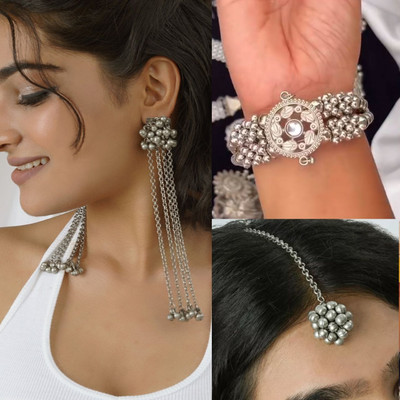 Ashir Combo of 3 Jhumki Jhumka, Mang tikka, Cuff Bracelet Bangles for Women and Girls Alloy Earring Set