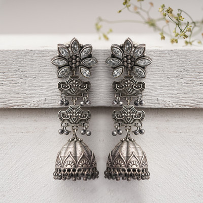 Sanseeta Kundanika- Silver Brass oxidised dangler earrings Zircon Brass Jhumki Earring