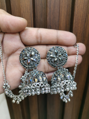 sarthak royal Latest Oxidised Silver Bahubali Earrings With Chain for Women/Girls Crystal Alloy Jhumki Earring