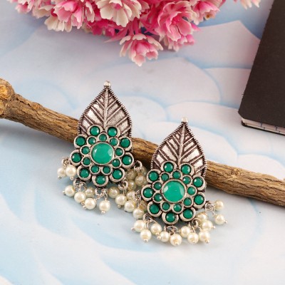 Jewelgenics Oxidized Silver Leaf Green Stone/Pearl Stud Earrings Pearl, Beads Alloy Stud Earring, Drops & Danglers