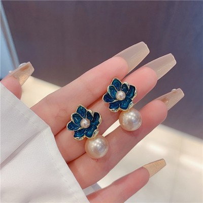 Aylana Teal Blue Flower with Champagne Pearl Stud Earrings Pearl Alloy Drops & Danglers, Stud Earring