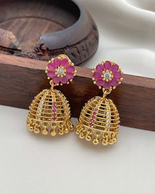 PBM CREATIONS GOLD PLATED AD STONE WEDDING JHUMKI / PEARL STUD / KUNDAN BEADS EARRING Copper Drops & Danglers, Jhumki Earring