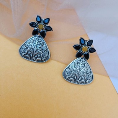 Gupta's Creation Earrings for Women and Girls | Silver Plated Black Stone Designer Flower Pot Brass Drops & Danglers