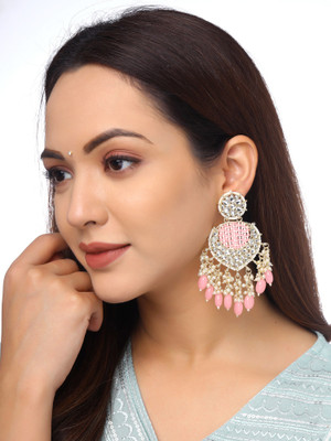 YELLOW CHIMES Traditional Chandbali| Gold Plated |Kundan Stone Chand Baliyan Earrings Beads Metal Drops & Danglers