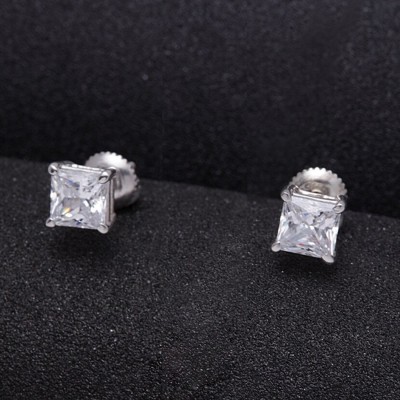 CLARA Square Princess Solitaire Stud Screw Back Cubic Zirconia Sterling Silver Stud Earring