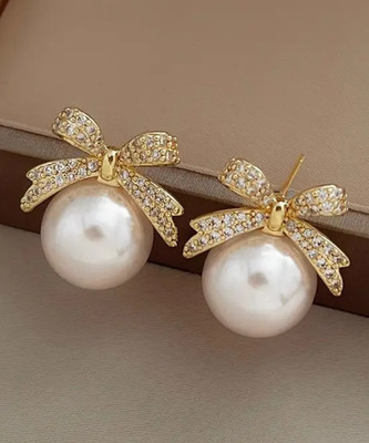 Tiso White Pearl Korean Earrings Chunky Stone Bow Earrings for Women and Girls Pearl, Zircon Alloy Stud Earring, Rhinestone Studs, Earring Set